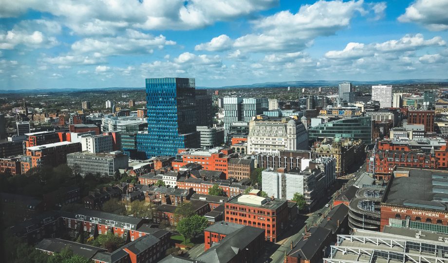 Manchester City aerial view drone shot spring urban Manchester City aerial view drone shot spring urban