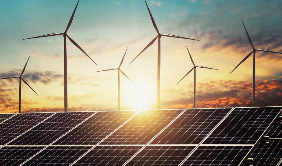 clean energy power concept solar panel with wind turbine and sunset background clean energy power concept solar panel with wind turbine and sunset background