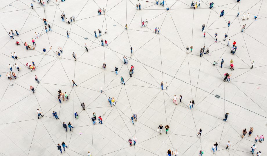 Aerial view of crowd connected by lines Aerial view of crowd connected by lines
